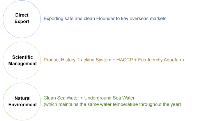 DirectExport - Exporting safe and clean Flounder to key overseas markets ,Scientific Management - Product History Tracking System + HACCP + Eco-friendly Aquafarm , Natural Environment -  Clean Sea Water + Underground Sea Water (which maintains the same water temperature throughout the year)