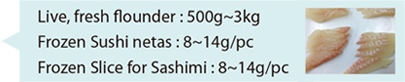 Live, fresh flounder : 500g~3kg , Frozen Sushi netas : 8~14g/pc , Frozen Slice for Sashimi : 8~14g/pc